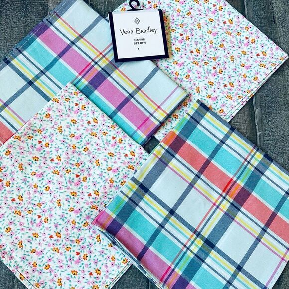New Vera Bradley Napkins Set 4-pc Plaid Floral - Picture 1 of 2